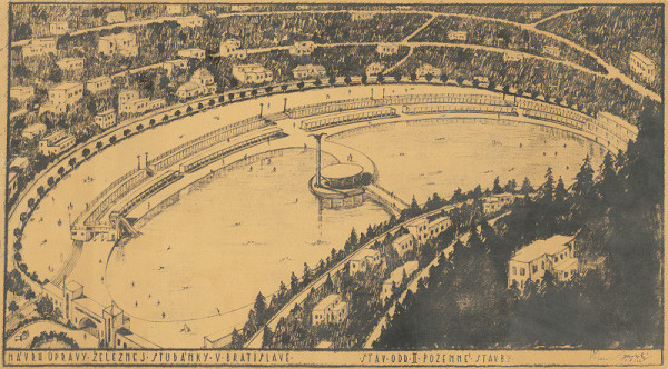 Ján Štefanec – Železná studnička v Bratislave. Perspektíva a skica úpravy prvého jazera na železnej studničke.