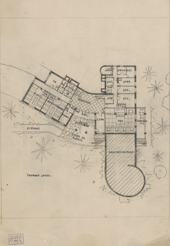 Ferdinand Čapka – Návrh horskej chaty v Súľovských skalách. Pôdorys terénneho poschodia. 