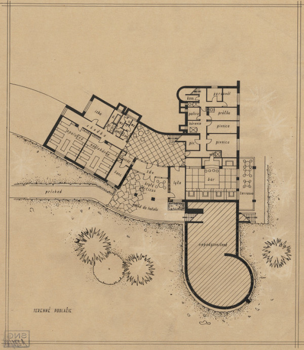 Ferdinand Čapka – Návrh horskej chaty v Súľovských skalách. Pôdorys terénneho poschodia. 