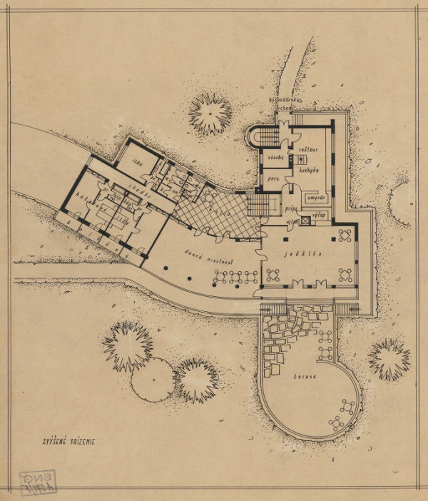 Ferdinand Čapka – Návrh horskej chaty v Súľovských skalách. Pôdorys zvýšeného prízemia. 