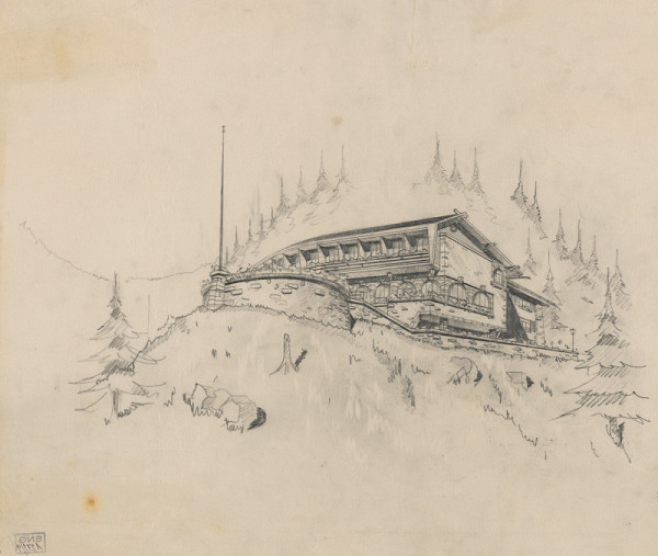 Ferdinand Čapka – Návrh horskej chaty v Súľovských skalách. Perspektívny pohľad.