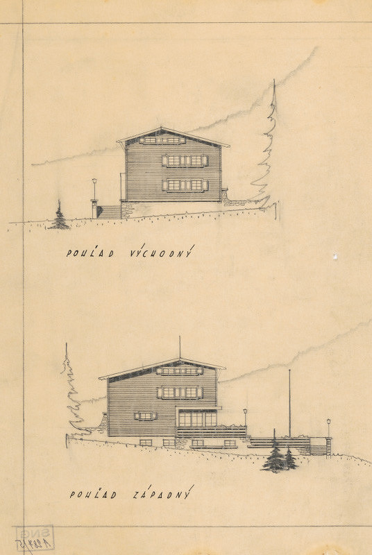 Ferdinand Čapka – Návrh horskej chaty. Východný a západný pohľad. 