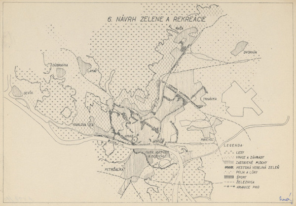 Ján Svetlík – Náčrt územného plánu pre Bratislavu. Návrh zelene a rekreácie s legendou. 
