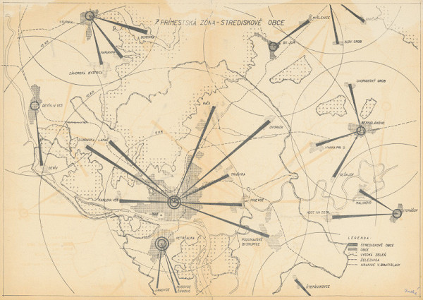 Ján Svetlík – Náčrt územného plánu pre Bratislavu. Prímestská zóna - strediskové obce s legendou. 