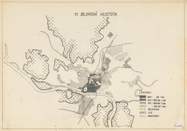 Ján Svetlík – Náčrt územného plánu pre Bratislavu. Bloková hustota s legendou. 