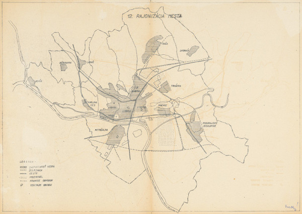 Ján Svetlík – Náčrt územného plánu pre Bratislavu. Rajonizácia mesta s legendou. 