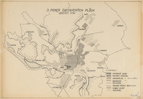 Ján Svetlík – Náčrt územného plánu pre Bratislavu. Pomer zastavaných plôch. Dnešný stav s legendou. 