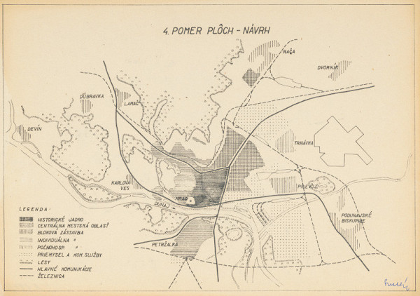 Ján Svetlík – Náčrt územného plánu pre Bratislavu. Návrh pomeru plôch s legendou. 