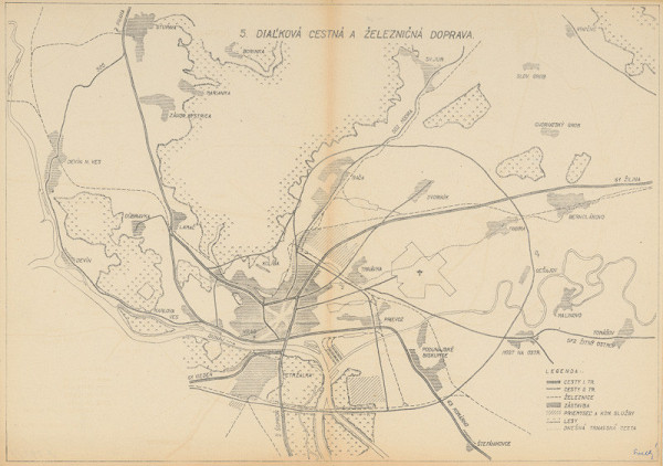 Ján Svetlík – Náčrt územného plánu pre Bratislavu. Diaľková cestná a železničná doprava s legendou. 