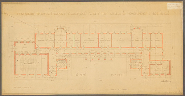 Klement Šilinger – Provizórná budova Filozofickej fakulty UK, Bratislava. Pôdorys prízemia. M 1:100 