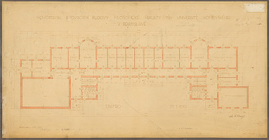 Klement Šilinger – Provizórná budova Filozofickej fakulty UK, Bratislava. Pôdorys I. poschodia. M 1:100 