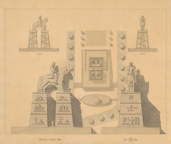 Jindřich Merganc – Pomník Jána Žižky z Trocnova, Praha. Pôdorys, pohľady, rezy podstavcom. M 1:200