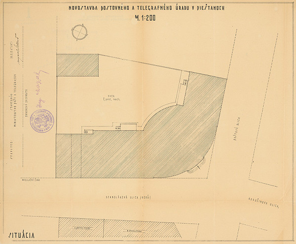 Emil Belluš – Novostavba poštového a telegrafného úradu v  Piešťanoch - situácia. M 1:200 
