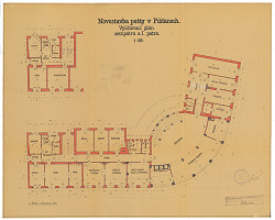 Emil Belluš – Novostavba pošty v Píšťanech - vyúčtovací plán mezipatra a I.patra. M 1:100 