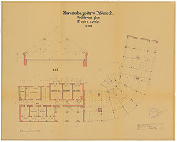 Emil Belluš – Novostavba pošty v Píšťanech - vyúčtovací plán II.patra a půdy. M 1:100 