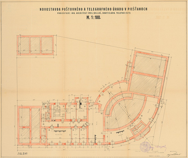 Emil Belluš – Novostavba poštového a telegrafného úradu v  Piešťanoch - sklepy. M 1:100
