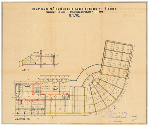 Emil Belluš – Novostavba poštového a telegrafného úradu v  Piešťanoch - krov a rez. M 1:100