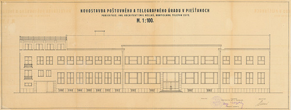 Emil Belluš – Novostavba poštového a telegrafného úradu v  Piešťanoch - hlavný pohľad. M 1:100