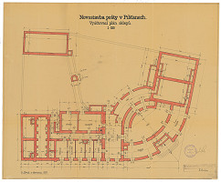 Emil Belluš – Novostavba pošty v Píšťanech - vyúčtovací plán sklepů. M 1:100 