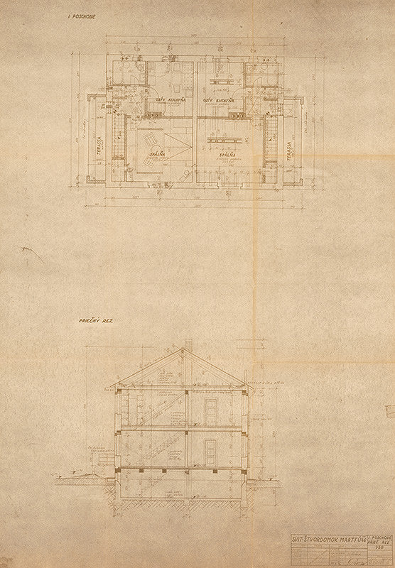 Neznámy autor – Svit. Štvordom Martfů 46. Pôdorys I. poschodia a priečny rez. M 1:50 
