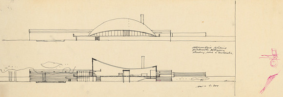 Ferdinand Milučký – Krematórium a urnový háj. Pohľad a rez priestorového zoskupenia. M 1:200 