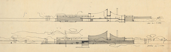 Ferdinand Milučký – Krematórium a urnový háj. Pohľad a rez priestorového zoskupenia. M 1:200 