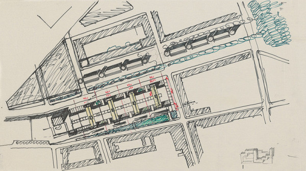 Ferdinand Milučký – Administratívno-obchodný areál, Dunajská ulica, Bratislava. Skica 