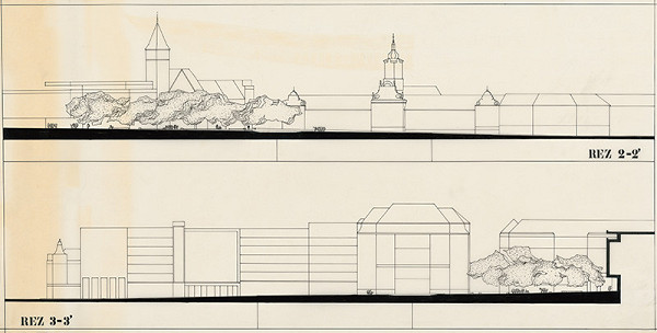 Ferdinand Milučký – Návrh pomníka SNP, Bratislava. Variant 2. Rez 2-2´, 3-3´. 