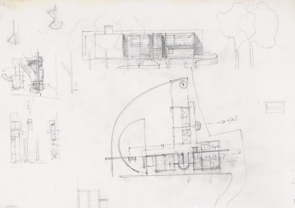 Ferdinand Milučký – Návrh rodinného domu p. Zubáľa, Novosvetská ulica, Bratislava. Úvodná skica.  