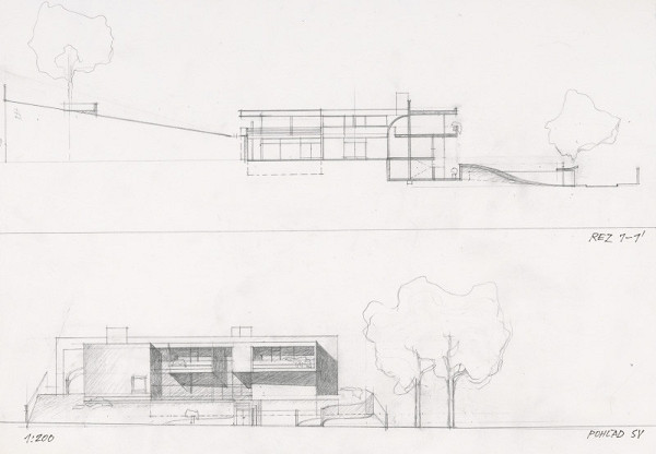 Ferdinand Milučký – Návrh rodinného domu p. Zubáľa, Novosvetská ulica, Bratislava. Rez 1-1'. Pohľad SV. M 1:200 