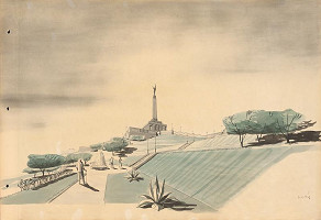 Ján Svetlík – Pamätník sovietskej armády na Slavíne v Bratislave. Album vykonávacieho projektu. Perspektívny pohľad zdola od fontány. 