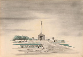 Ján Svetlík – Pamätník sovietskej armády na Slavíne v Bratislave. Album vykonávacieho projektu. Perspektívny čelný pohľad s hrobmi v popredí. 