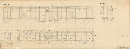 Ferdinand Milučký – Výstavné pavilóny PKO v Bratislave. Pavilón č. 8. Pôdorys prízemia, rez B-B. M 1:20 