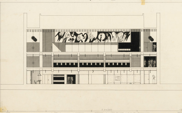 Ferdinand Milučký, Júlia Kunovská, Ladislav Mandáček – Dom umenia v Piešťanoch. Interiér. Priečny rez vestibulom