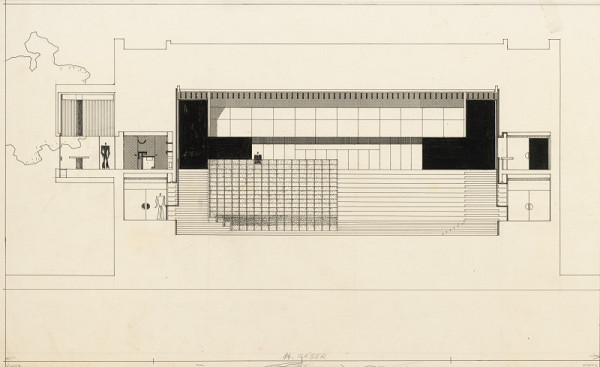 Ferdinand Milučký, Júlia Kunovská, Ladislav Mandáček – Dom umenia v Piešťanoch. Interiér. Priečny rez hľadiskom