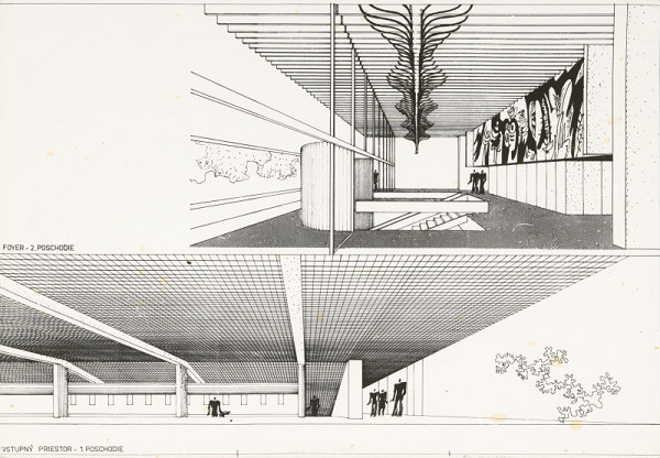 Ferdinand Milučký, Júlia Kunovská – Dom umenia v Piešťanoch. Rezoperspektívy vstupného priestoru a foyer. 