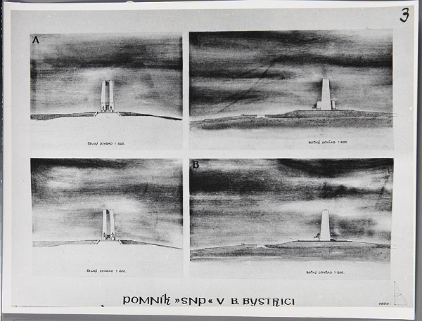 Ladislav Beisetzer, Neznámy autor – Súťaž na pomník SNP na Bánoši v Banskej Bystrici. Perspektívy exteriéru : čelný a bočný pohľad, (M1:200)