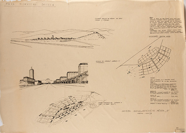 Emanuel Hruška – Urban Design Proposal for Town Dubnica nad Váhom. Organisational Design of the Town and Perspectives (Overall View of the twon; View of the Square; Bird's Eye View, and Organisational Design of the Town)
