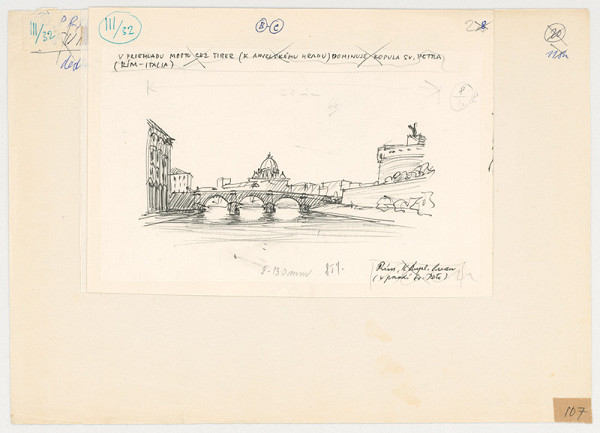 Emanuel Hruška – Rukopis knihy K tvorbe urbanistického prostredia. Rím - starý most cez Tiber k anjelskému hradu s priehľadom na kopulu Sv. Petra. 