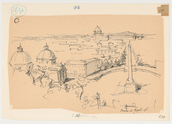 Emanuel Hruška – Rukopis knihy K tvorbe urbanistického prostredia. Piazza del Popolo - Rím - nadhľad na priestor z MOnte Pincio smerom k Vaticanu. 