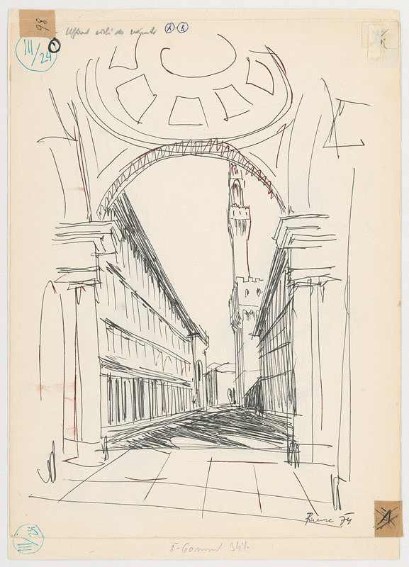 Emanuel Hruška – Rukopis knihy K tvorbe urbanistického prostredia. Florencia - Vasariho Uffizie - mimoosový optický záver. 