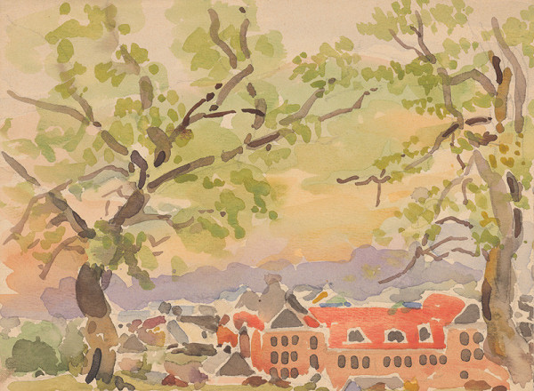 Franz Wimmer – Zo súboru akvarelov z obdobia 1916-1919. Veduta vidieckej architektúry s palácom. 