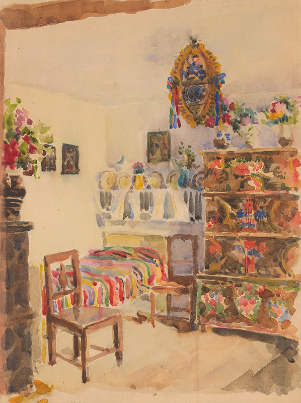 Franz Wimmer – Zo súboru akvarelov z obdobia 1916-1919. Interiér izby s posteľou. 