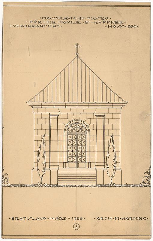 Milan Michal Harminc – Mauzóleum rodiny Kuffner v Sládkovičove. Predný pohľad. M 1:50.