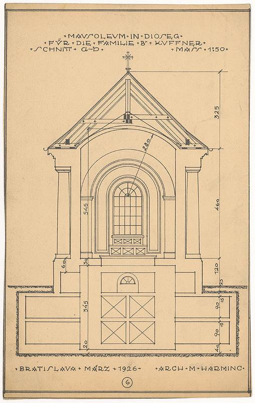 Milan Michal Harminc – Mauzóleum rodiny Kuffner v Sládkovičove. Rez a-b. M 1:50.