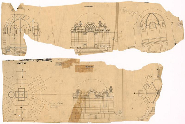 Milan Michal Harminc – Mauzóleum rodiny Mandič. Pôdorysy prízemia, suterénnej časti, hlavný a bočný pohľad, rezy A-B. C-D. 