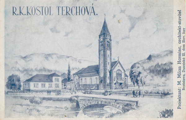 Milan Michal Harminc – Rímsko-katolícky kostolo v Terchovej. Perspektívny pohľad exteriéru.  