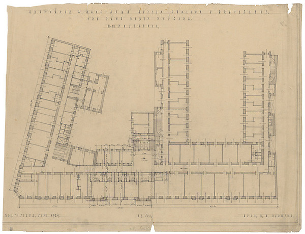 Milan Michal Harminc – Hotel Carlton-Savoy v Bratislave. Pôdorys 2. a 3.  poschodia. M 1:100. 