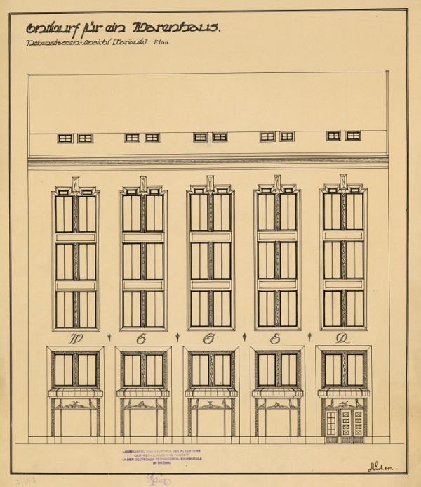 Michal Maximilián Scheer – Entwurf für ein Warenhaus. Hauptstrasse - Ansicht. M 1:100