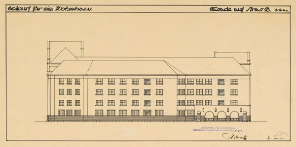Michal Maximilián Scheer – Entwurf für ein Wohnhaus. Fassade aus Strasse B. M 1:200.  